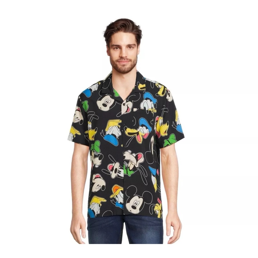 Disney Black Short Sleeve Button-Down Shirt with Multicolor Character Prints